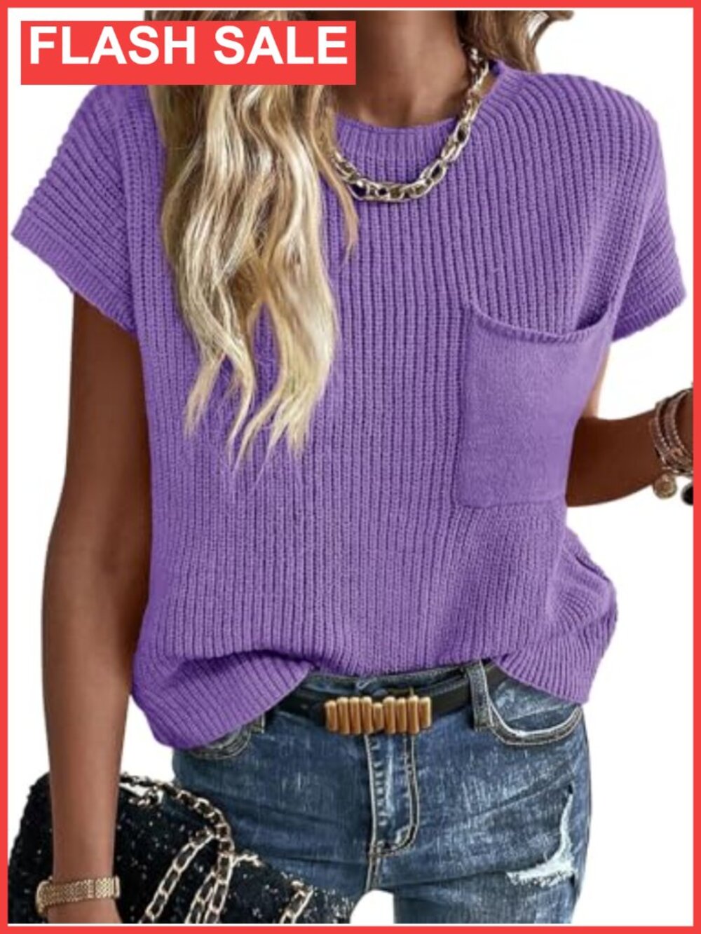 Womens Ribbed Knit Sweater Vest Short Sleeve Crew Neck Loose Fit